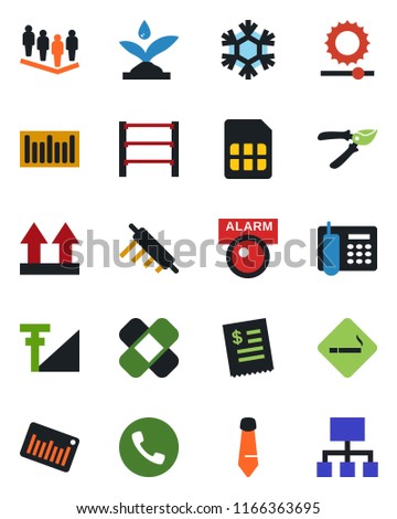 Color and black flat icon set - phone vector, smoking place, team, tie, pruner, patch, up side sign, barcode, rack, sim, brightness, cellular signal, office, restaurant receipt, rolling pin