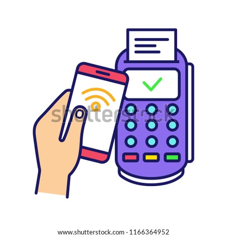 Successful NFC smartphone payment color icon. Near field communication. Mobile phone contactless payment. NFC phone and POS terminal. Isolated vector illustration