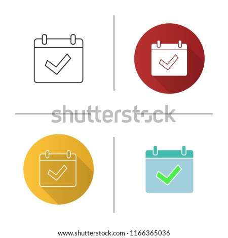Available event icon. Calendar page with check mark. Schedule. Completed day. Flat design, linear and color styles. Isolated vector illustrations