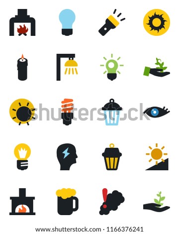 Color and black flat icon set - brainstorm vector, bulb, sun, garden light, eye, torch, brightness, fireplace, beer, candle, smoke detector, energy saving, outdoor lamp, palm sproute
