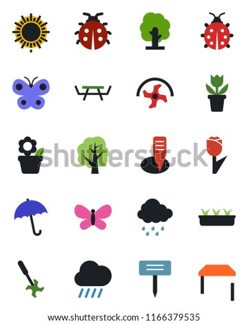 Color and black flat icon set - umbrella vector, sun, flower in pot, ripper, tree, butterfly, lady bug, seedling, rain, plant label, picnic table, tulip