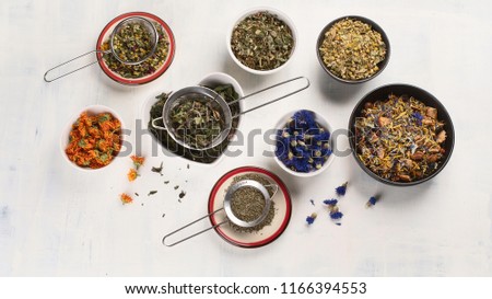 Various herbal tea. Top view. 