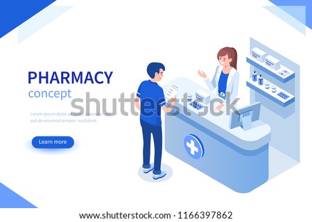 Doctor pharmacist and patient in drugstore. Can use for web banner, infographics, hero images. Flat isometric vector illustration isolated on white background. Royalty-Free Stock Photo #1166397862