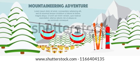 Ski resort banner flat vector illustration. Cable lift, Alps, small village, fir trees, mountains wide panoramic background. Ski hills, winter web banner design cartoon elements.
