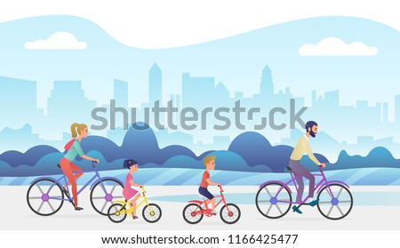 Active family outside vacation trip. Father, mother, daughter and son are riding bicycles in city park. Trendy gradient color vector illustration.