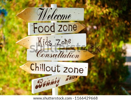 Camp Ground Sign, welcome, food zone, kids zone, consultation, chillout zone, beauty zone
