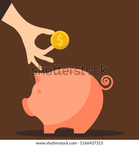 Piggy bank and hand with coin color illustration. business concept design