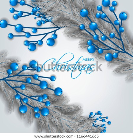 Merry Christmas Party invitation season greeting card Winter party invitation wreath of fir pine branches grey blue berry