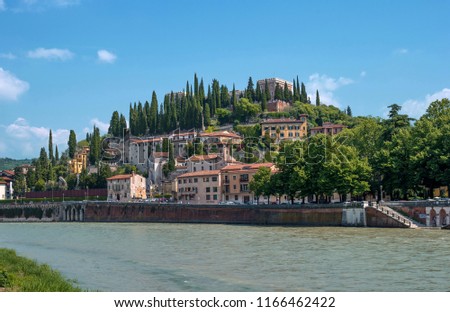 View of the castle of San Pietro in the city of Verona, Italy. The castle is on the top of the hill of San Pietro on the banks of the Adige River Royalty-Free Stock Photo #1166462422