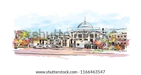 Building view with landmark of Astana is the capital city of Kazakhstan. Watercolor splash with Hand drawn sketch illustration in vector.
