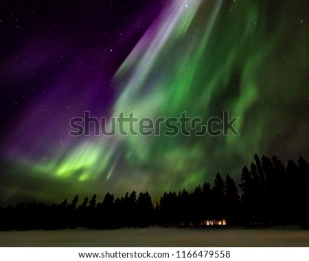 Aurora over a cabin in the forest