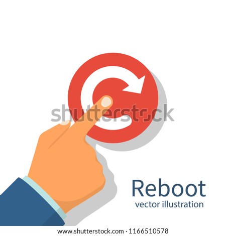 Reboot concept. Restarting technology. Hand to push big red button. Vector illustration flat design. Isolated on white background.
 Royalty-Free Stock Photo #1166510578