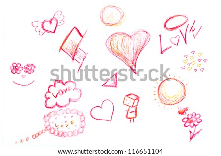 Hand-drawn hearts, and other doodled elements, isolated on white background