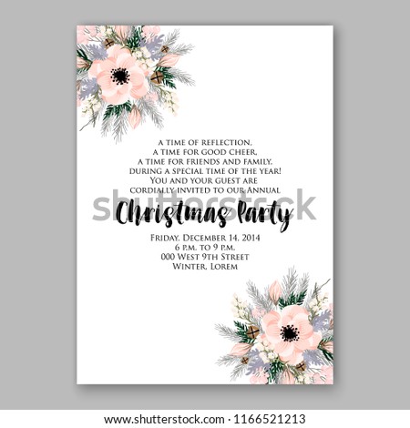 White Poinsettia Christmas party invitation floral winter holiday illustration fir red berry pine cone