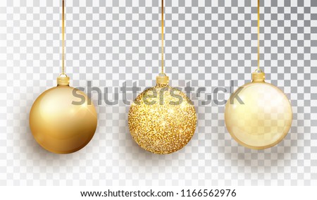 Gold Christmas tree toy set isolated on a transparent background. Stocking Christmas decorations. Vector object for christmas design, mockup. Vector realistic object Illustration 10 EPS
