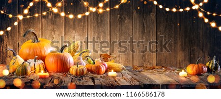 Thanksgiving With Pumpkins And Corncob On Wooden Table