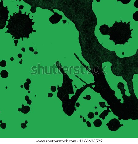  Isolated artistic black watercolor and ink paint splatter textures and decorative elements on green paper background.