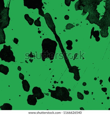  Isolated artistic black watercolor and ink paint splatter textures and decorative elements on green paper background.