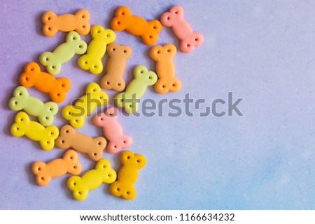 Dog biscuits, dog snack or dog treats in copy space on color background, Can use for background, Advertising product food or pet food. Royalty-Free Stock Photo #1166634232