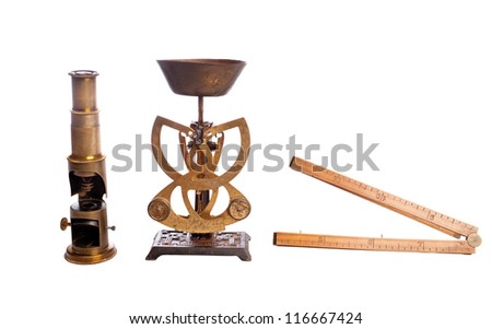 Antique scales, scale, microscope, isolated on white. Royalty-Free Stock Photo #116667424