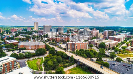 Drone Aerial of the Downtown Greenville, South Carolina SC Skyline Royalty-Free Stock Photo #1166680915