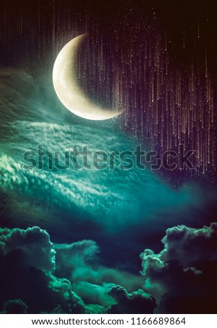 Photo Manipulation. Beautiful colorful skyscape with many stars and meteor shower. Landscape of night sky with crescent and cloudy. Serenity nature background. 