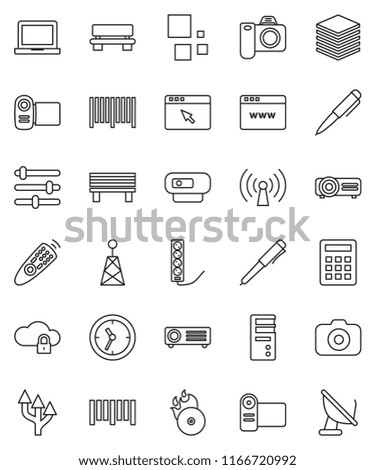 thin line vector icon set - pen vector, notebook pc, clock, barcode, music hit, camera, antenna, remote control, cloud lock, big data, browser, equalizer, bench, loading, route arrow, wireless, web