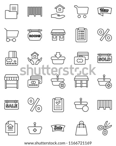 thin line vector icon set - house hold vector, cart, credit card, office, estate document, sale signboard, rooms, sold, new, shopping bag, percent, market, barcode, basket, list, coupon