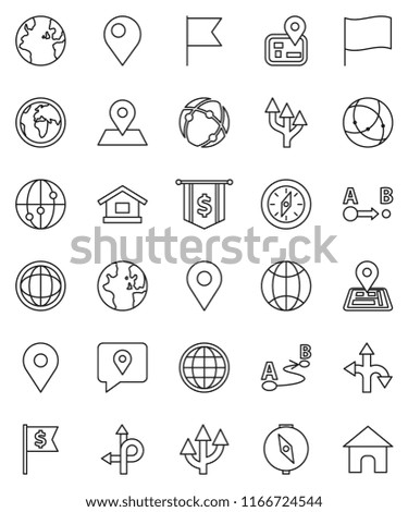 thin line vector icon set - compass vector, world, flag, dollar, route, navigator, earth, map pin, traking, internet, connection, globe, arrow, home