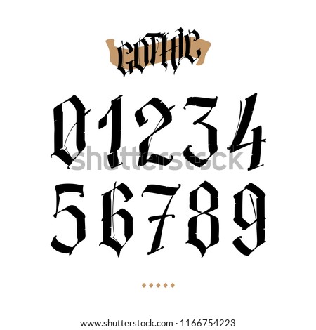 The numbers are in the Gothic style. Vector. Symbols isolated on white background. Calligraphy and lettering. Medieval figures. Individual symbols. Elegant font for tattoo. A set of inscriptions.