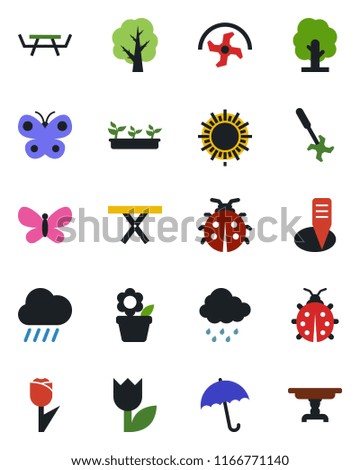 Color and black flat icon set - umbrella vector, sun, flower in pot, ripper, tree, butterfly, lady bug, seedling, rain, plant label, picnic table, tulip