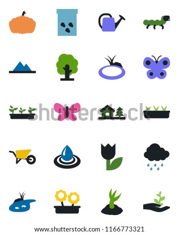 Color and black flat icon set - tree vector, watering can, wheelbarrow, sproute, butterfly, seedling, rain, pumpkin, seeds, caterpillar, pond, tulip, house with, mountains, flower in pot, water