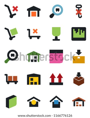 Color and black flat icon set - fragile vector, cargo, warehouse storage, up side sign, no trolley, hook, package, search, scanner, blank box
