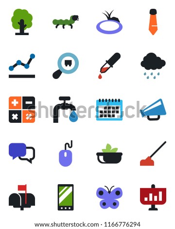 Color and black flat icon set - calculator vector, mouse, tie, tree, butterfly, rain, hoe, caterpillar, pond, dropper, search cargo, loudspeaker, dialog, mobile, calendar, point graph, water supply