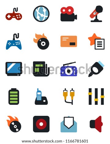 Color and black flat icon set - flame disk vector, microphone, radio, news, gamepad, settings, tv, network, phone, favorites list, battery, mail, rec button, rca, hdmi, video, sound