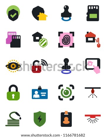 Color and black flat icon set - stamp vector, identity card, hose, shield, protect, sd, eye id, lock, estate insurance, home control, fingerprint, wireless, app, pass, sprinkler
