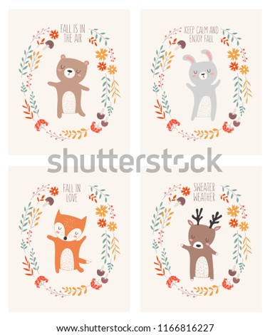 Vector collection of posters with animals surrounded by a plant wreath with autumn slogan. Thanksgiving day, anniversary, baby shower, birthday, children's party, autumn holidays