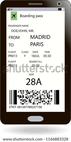 Modern boarding pass on smartphone screen. Vector illustration. Travel concept