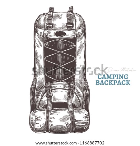 Hand drawn camping backpack. Isolated vector illustration in sketch engraving style. Touristic accessories and equipment