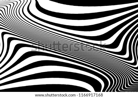 Black and white monochrome background with wavy lines. Twisted stripes.  Vector illustration