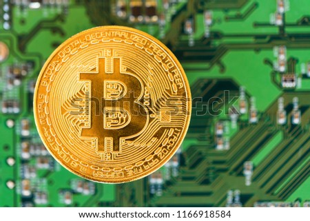Golden brand new bitcoin on green digital background