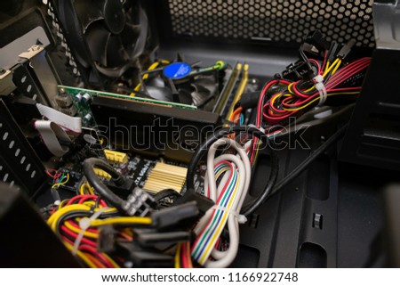 Open PC computer case. Computer with graphic card