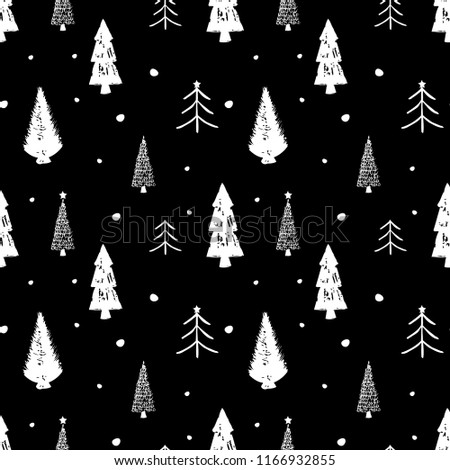 Seamless vector pattern with christmas trees and snow on black background. Simple flat design. Perfect for greeting cards, wrapping paper, scrapbooking, etc. Royalty-Free Stock Photo #1166932855