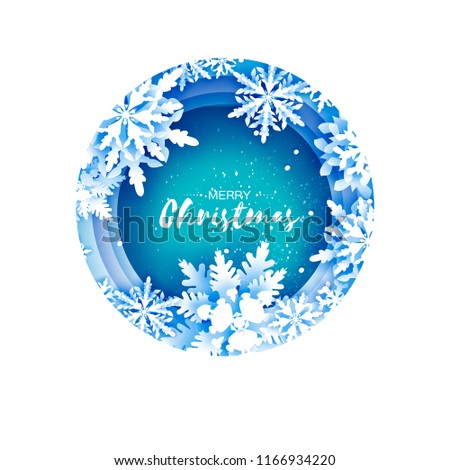 Merry Christmas and Happy New Year Greetings card. White Paper cut snowflakes. Origami Winter Decoration background. Seasonal holidays. Snowfall. Layered tunnel circle frame. text. Blue. Vector