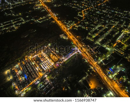 Aerial view of Flea market with street lights 