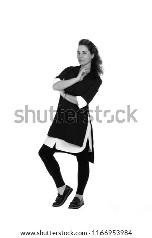 girl in dress, black and white photo, isolated on white background
