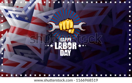labor day Usa text vector label or horizontal background. vector happy labor day poster or horizontal banner with clenched fist isolated on usa flag background . Labor union icon