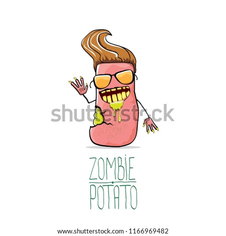 vector funny cartoon pink zombie hipster potato character with brown hair isolated on white background. My name is zombie potato vector concept halloween background. monster vegetable funky character
