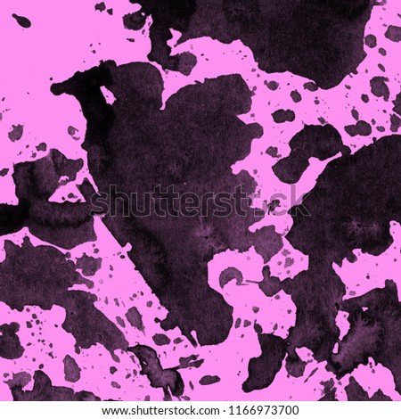 Isolated artistic black watercolor and ink paint splatter textures and decorative elements on pink paper background.