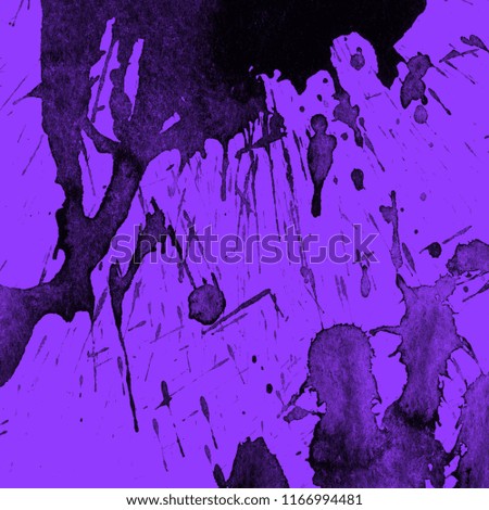 Isolated artistic black watercolor and ink paint splatter textures and decorative elements on violet paper background.